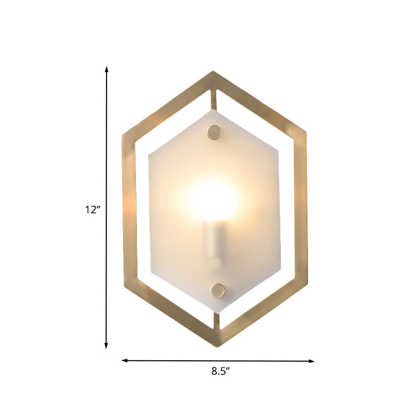 Hexagon Sconce Lighting: Postmodern Metallic 1-Bulb Brass Wall Lamp With Translucent Glass Shade