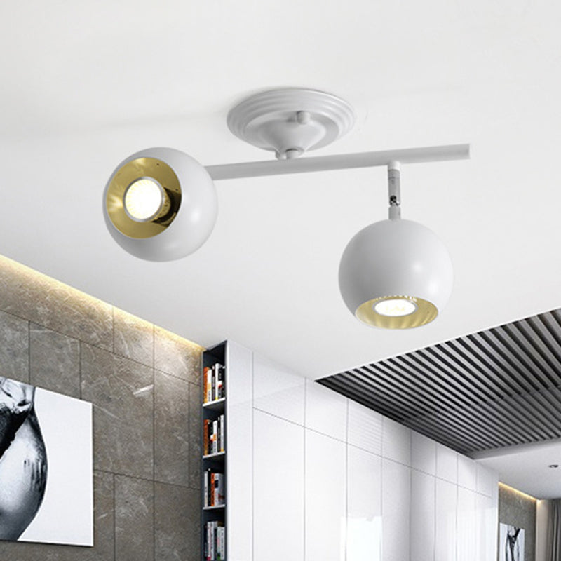 Modern Semi Flush Globe Light Fixture - White Finish 2-Light Ceiling-Mounted Lamp With Metallic