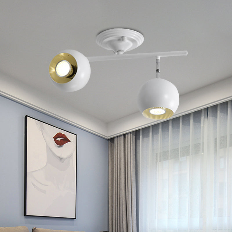 Modern Semi Flush Globe Light Fixture - White Finish, 2-Light, Ceiling-Mounted Lamp with Metallic Accents