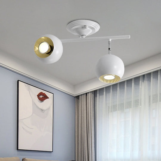 Modern Semi Flush Globe Light Fixture - White Finish 2-Light Ceiling-Mounted Lamp With Metallic