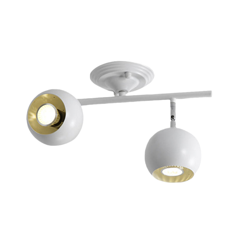 Modern Semi Flush Globe Light Fixture - White Finish, 2-Light, Ceiling-Mounted Lamp with Metallic Accents