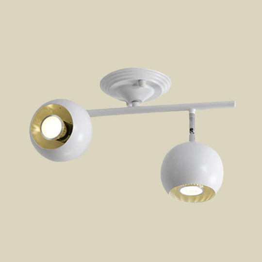 Modern Semi Flush Globe Light Fixture - White Finish, 2-Light, Ceiling-Mounted Lamp with Metallic Accents