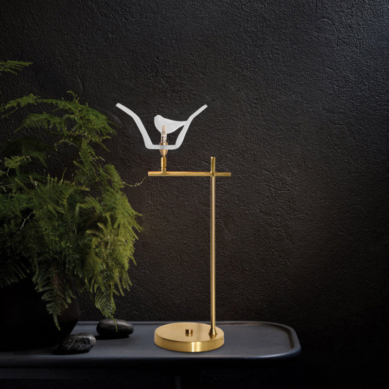 Modern Gold Led Table Lamp With Bird Opal Glass Shade - Right Angle Arm Desk Light