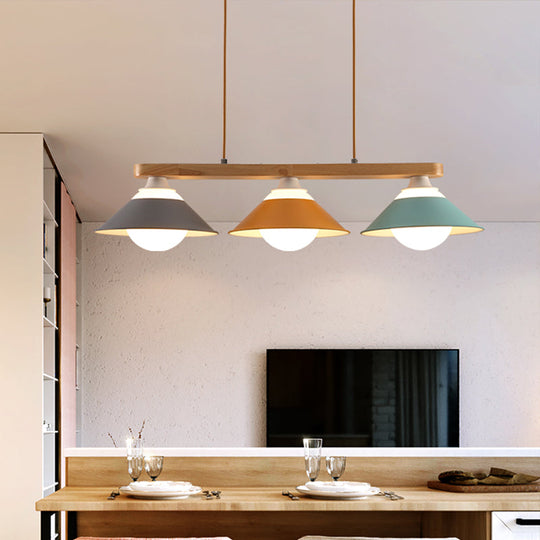 Modern 3-Light Island Pendant With Wood Accent In Blue Grey And Yellow Tones