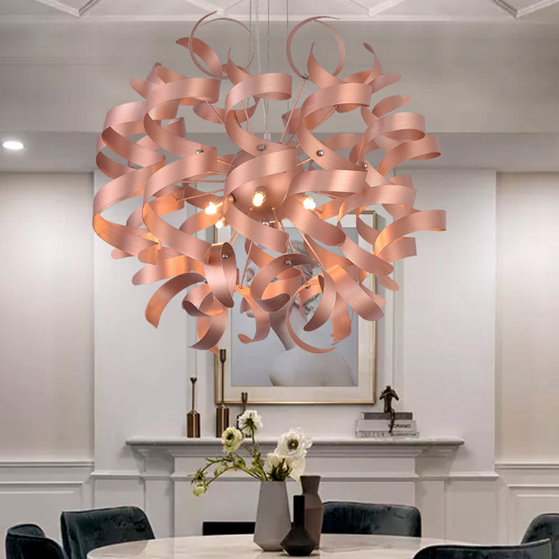 Sleek 6-Bulb Led Chandelier With Spiral Ribbon Design - Contemporary Copper Finish Restaurant