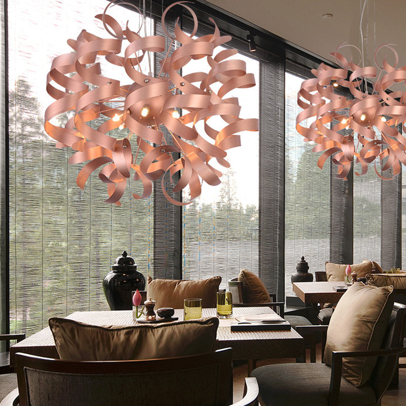 Sleek 6-Bulb Led Chandelier With Spiral Ribbon Design - Contemporary Copper Finish Restaurant