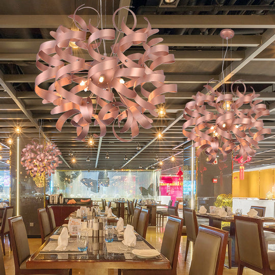 Sleek 6-Bulb Led Chandelier With Spiral Ribbon Design - Contemporary Copper Finish Restaurant