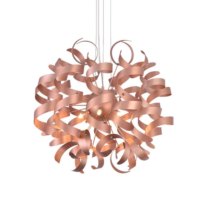 Sleek 6-Bulb Led Chandelier With Spiral Ribbon Design - Contemporary Copper Finish Restaurant