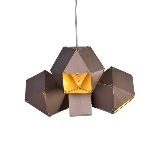 Modern Aluminum 3-Light Polyhedron Ceiling Chandelier For Restaurants - Coffee Color