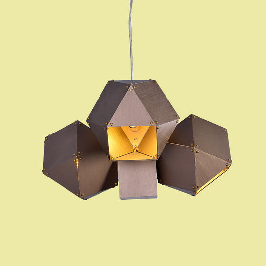 Modern Aluminum 3-Light Polyhedron Chandelier Pendant Lamp in Coffee for Restaurants