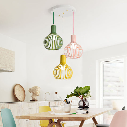 Industrial Dining Room Hanging Light With Metal Dome Shade In Grey/Pink - Set Of 3 Bulbs