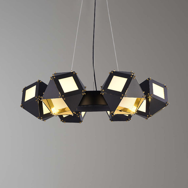 Black Polyhedron Hanging Chandelier - Modern 6-Light Metallic Ceiling Lamp for Restaurants