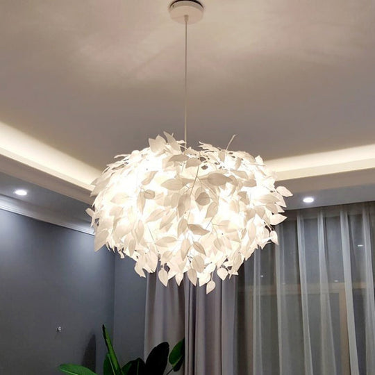 Modern Fabric Leaf Chandelier Pendant Light With 4-Head Kit In White For Bedroom