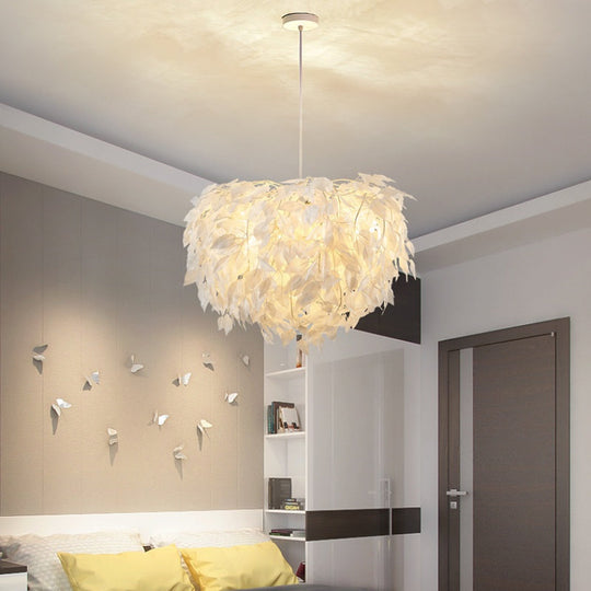 Modern Fabric Leaf Chandelier Pendant Light With 4-Head Kit In White For Bedroom