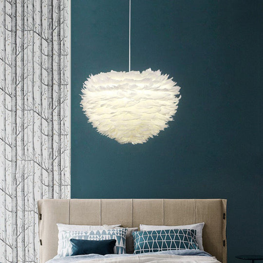 Feather Hanging Chandelier in White/Grey/Pink for Modern Bedroom Lighting - Fabric, 4-Light Ceiling Fixture