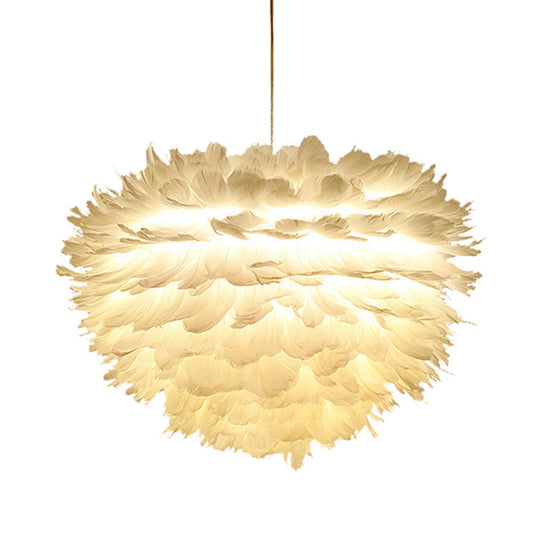 Feather Hanging Chandelier in White/Grey/Pink for Modern Bedroom Lighting - Fabric, 4-Light Ceiling Fixture