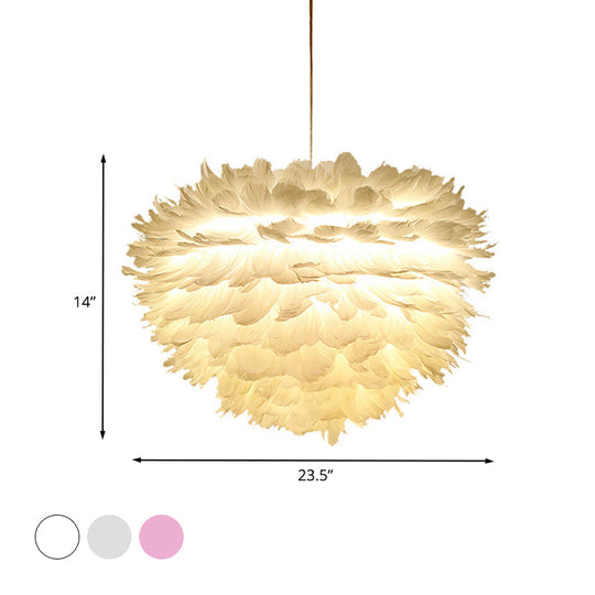 Feather Hanging Fabric Chandelier - 4-Light Modernist Bedroom Ceiling Lighting In White/Grey/Pink