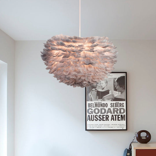 Feather Hanging Chandelier in White/Grey/Pink for Modern Bedroom Lighting - Fabric, 4-Light Ceiling Fixture