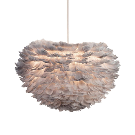 Feather Hanging Chandelier in White/Grey/Pink for Modern Bedroom Lighting - Fabric, 4-Light Ceiling Fixture