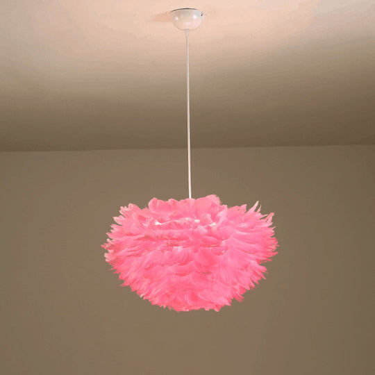 Feather Hanging Chandelier in White/Grey/Pink for Modern Bedroom Lighting - Fabric, 4-Light Ceiling Fixture