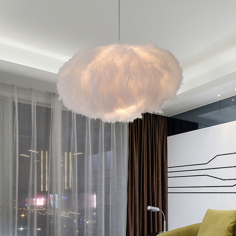 White Feather Cloud Pendant Lamp With Fabric Shade - Modern 1-Light Ceiling Fixture