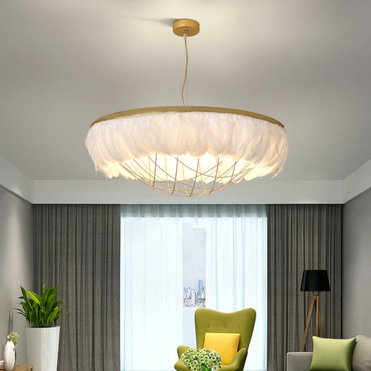 Modern Dome Cage Metallic Chandelier: Gold 2-Bulb Ceiling Lamp with Feather Deco - White, Grey, Pink