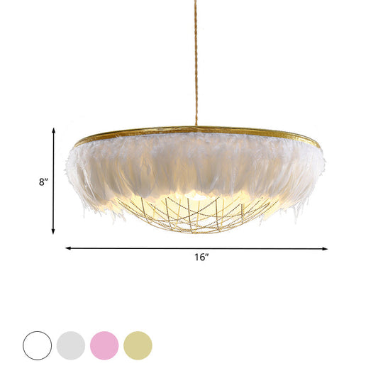 Modern Dome Cage Metallic Chandelier: Gold 2-Bulb Ceiling Lamp with Feather Deco - White, Grey, Pink