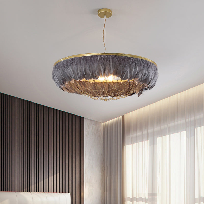 Modern Dome Cage Metallic Chandelier: Gold 2-Bulb Ceiling Lamp with Feather Deco - White, Grey, Pink