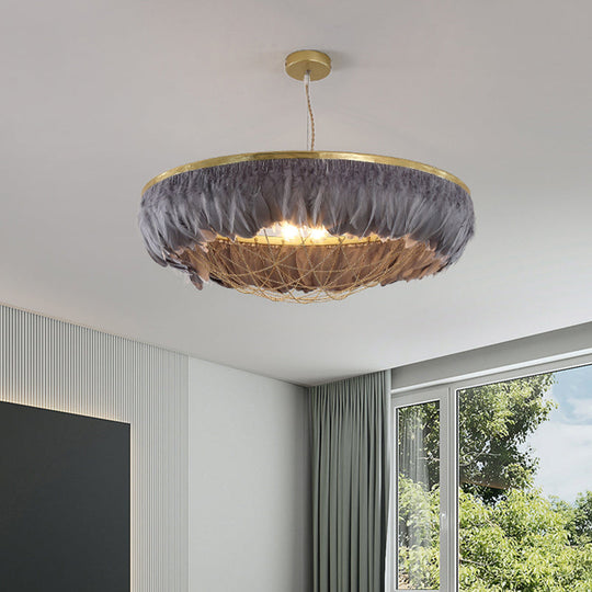 Modern Dome Cage Metallic Chandelier: Gold 2-Bulb Ceiling Lamp with Feather Deco - White, Grey, Pink