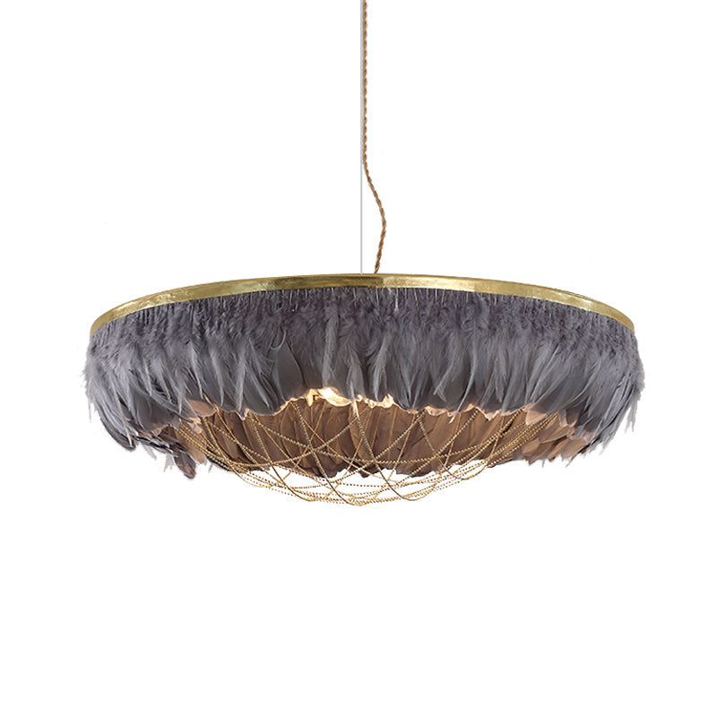 Modern Dome Cage Metallic Chandelier: Gold 2-Bulb Ceiling Lamp with Feather Deco - White, Grey, Pink