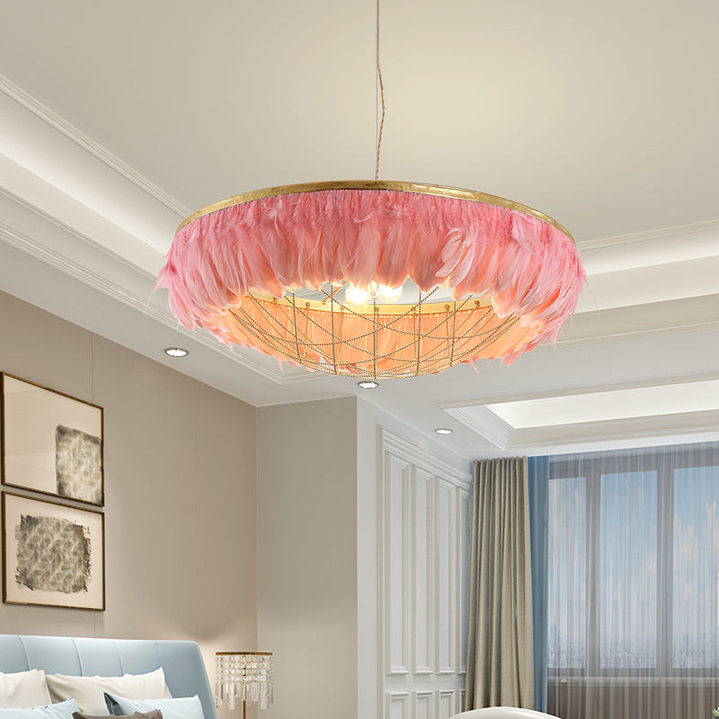 Modern Dome Cage Metallic Chandelier: Gold 2-Bulb Ceiling Lamp with Feather Deco - White, Grey, Pink