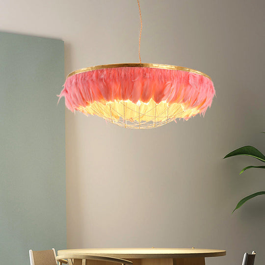 Modern Dome Cage Metallic Chandelier: Gold 2-Bulb Ceiling Lamp with Feather Deco - White, Grey, Pink