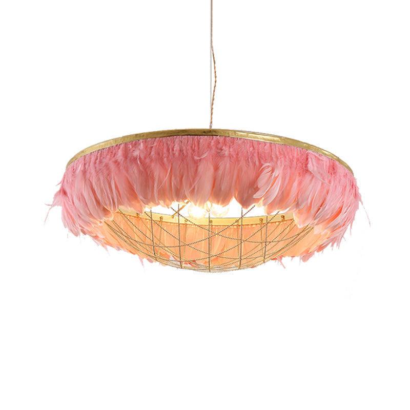 Modern Dome Cage Metallic Chandelier: Gold 2-Bulb Ceiling Lamp with Feather Deco - White, Grey, Pink