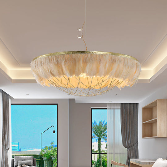 Modern Dome Cage Metallic Chandelier: Gold 2-Bulb Ceiling Lamp with Feather Deco - White, Grey, Pink