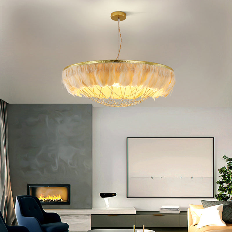 Modern Dome Cage Metallic Chandelier: Gold 2-Bulb Ceiling Lamp with Feather Deco - White, Grey, Pink