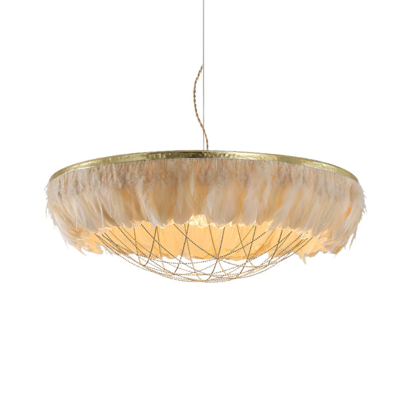 Modern Dome Cage Metallic Chandelier: Gold 2-Bulb Ceiling Lamp with Feather Deco - White, Grey, Pink