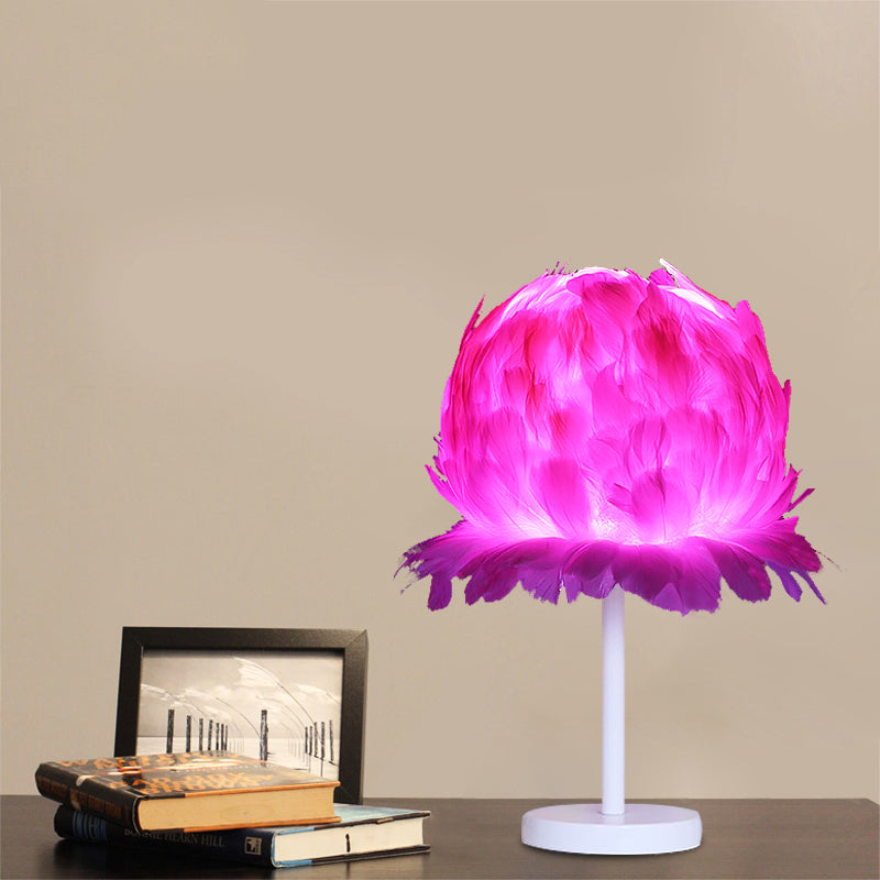 Modern 1-Head White/Pink Feather Globe Table Lamp For Bedroom Pink