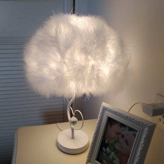 Modern Feather Table Lamp: White Fabric Bedside Nightstand Light With Crystal Droplet