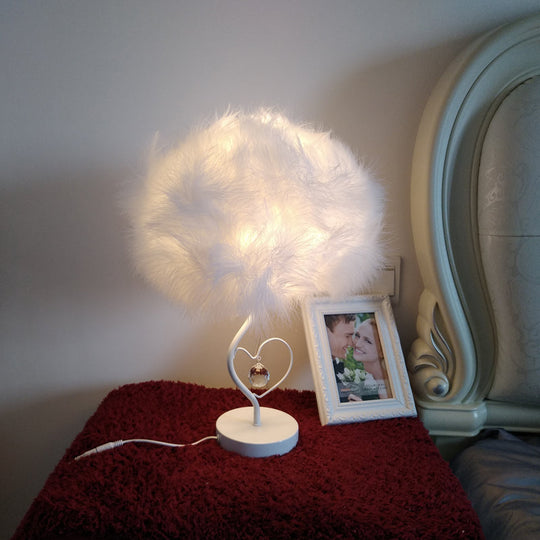 Modern Feather Table Lamp: White Fabric Bedside Nightstand Light With Crystal Droplet