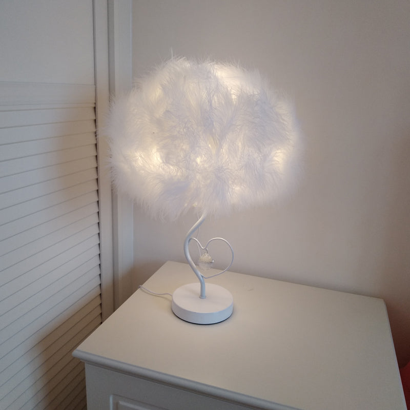 Modern Feather Table Lamp: White Fabric Bedside Nightstand Light With Crystal Droplet