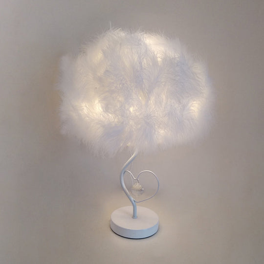 Modern Feather Table Lamp: White Fabric Bedside Nightstand Light With Crystal Droplet