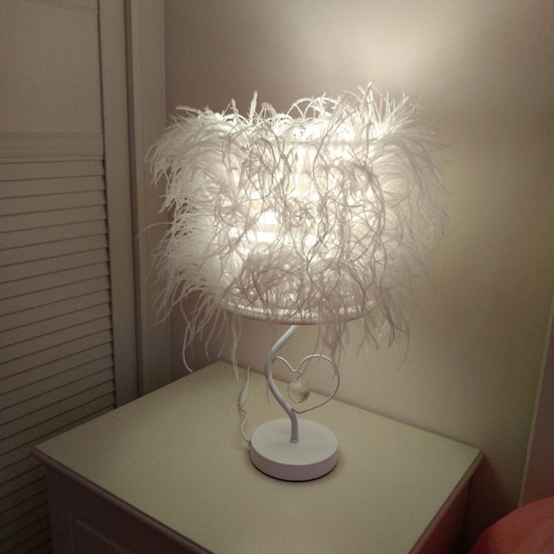 Modern White Feather Bedside Desk Lamp With Crystal Drop: 1-Bulb Fabric Table Lighting