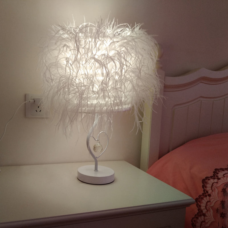 Modern White Feather Bedside Desk Lamp With Crystal Drop: 1-Bulb Fabric Table Lighting