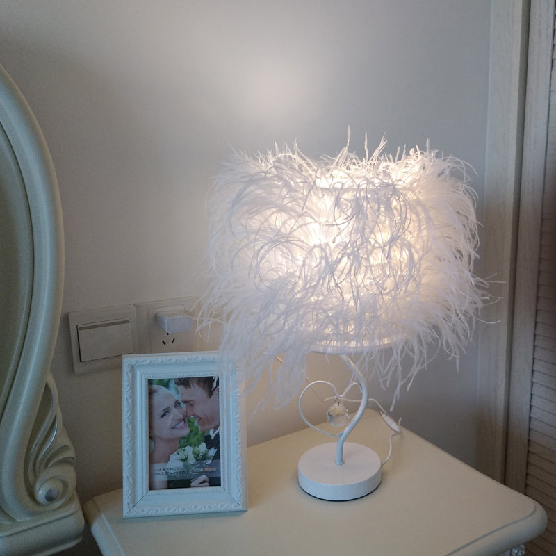 Modern White Feather Bedside Desk Lamp With Crystal Drop: 1-Bulb Fabric Table Lighting