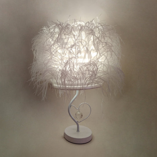 Modern White Feather Bedside Desk Lamp With Crystal Drop: 1-Bulb Fabric Table Lighting