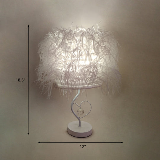 Modern White Feather Bedside Desk Lamp With Crystal Drop: 1-Bulb Fabric Table Lighting