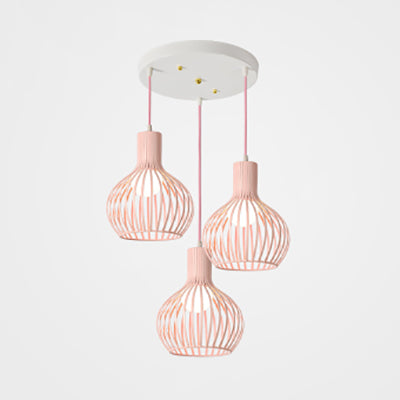 Wire Dome Shade Industrial Ceiling Light with 3 Bulbs - Grey/Pink for Dining Room Hanging