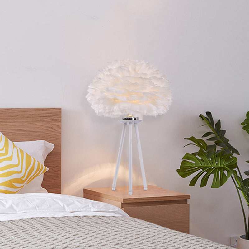 Feather Table Light In White: Modernist Fabric Lamp For Bedside With Tripod Base