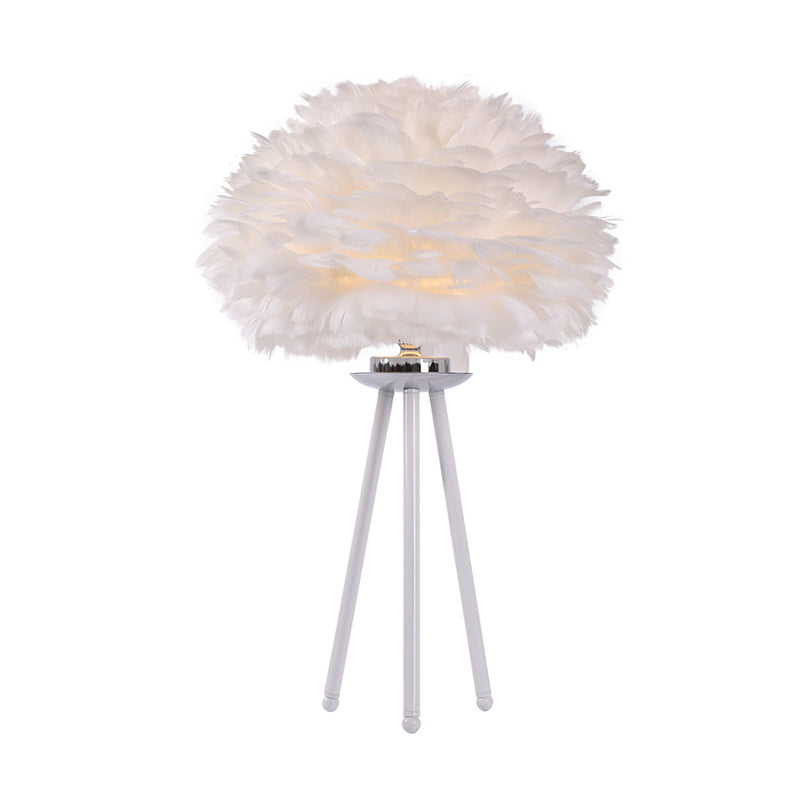 Feather Table Light In White: Modernist Fabric Lamp For Bedside With Tripod Base