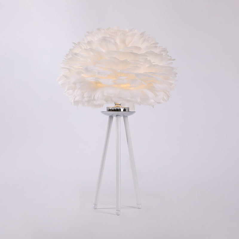 Feather Table Light In White: Modernist Fabric Lamp For Bedside With Tripod Base